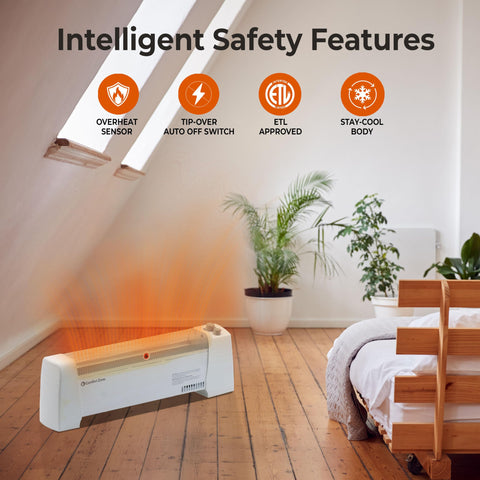 Tip-over protection and overheat safeguards on Comfort Zone heater.