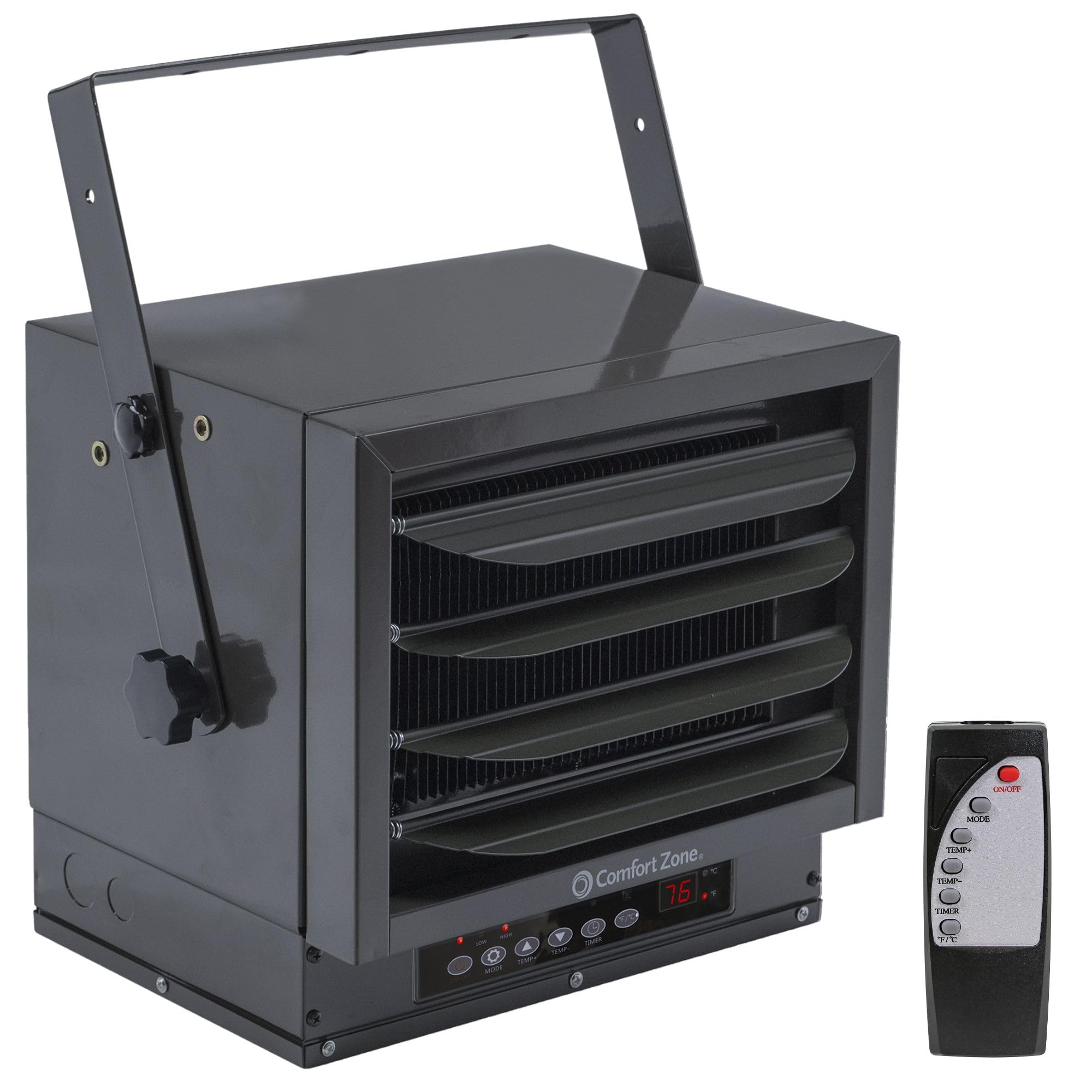 Comfort Zone CZ230ERBK ceiling-mount heater installed for overhead space-saving warmth in garages.