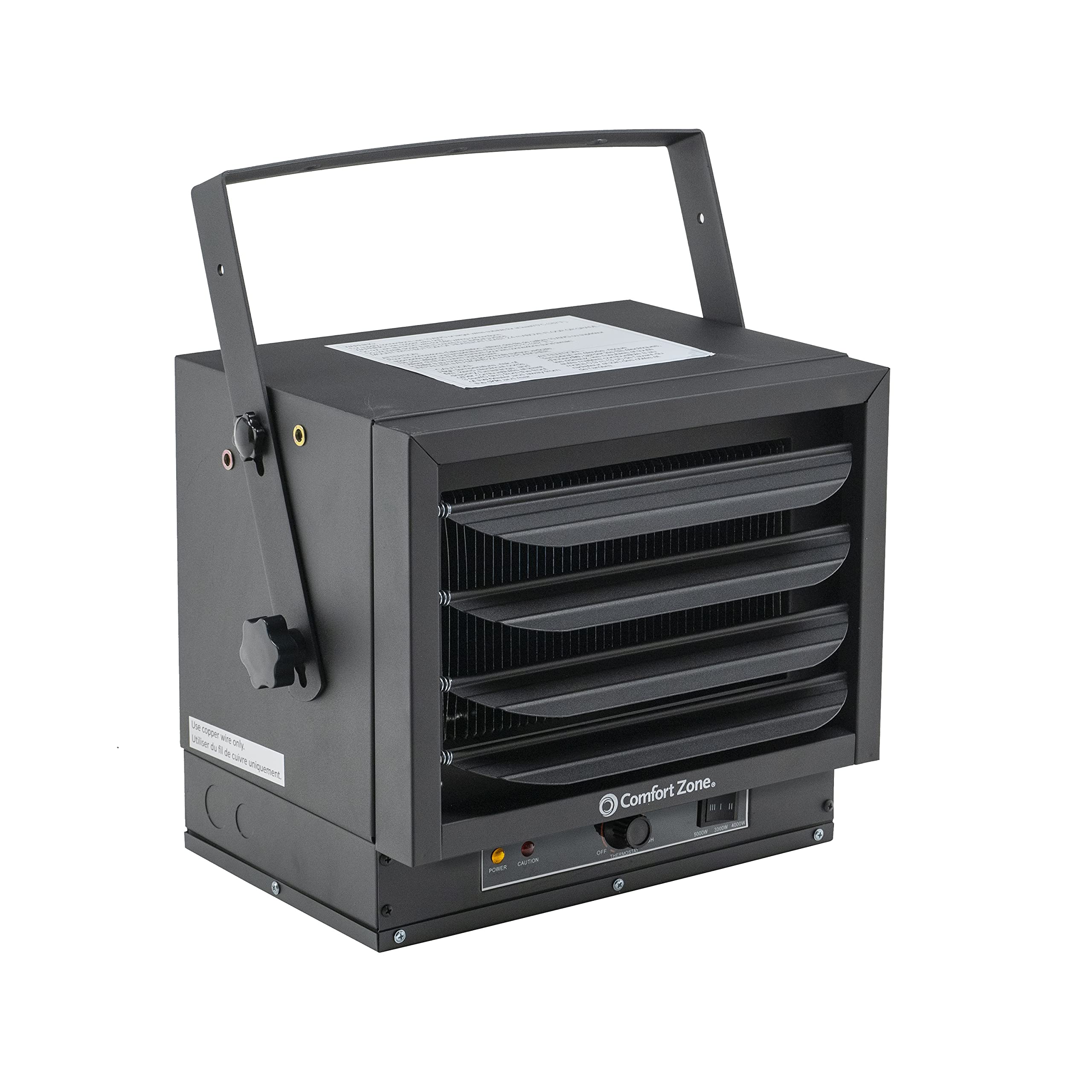 Comfort Zone ceiling-mount heater provides efficient warmth for garage spaces.