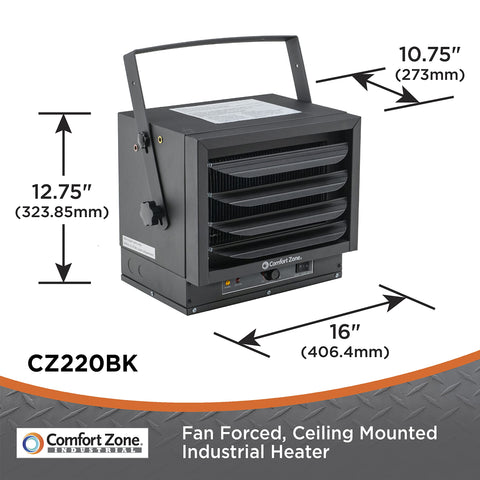 Comfort Zone garage setup shows space-saving heat without blocking floor area.