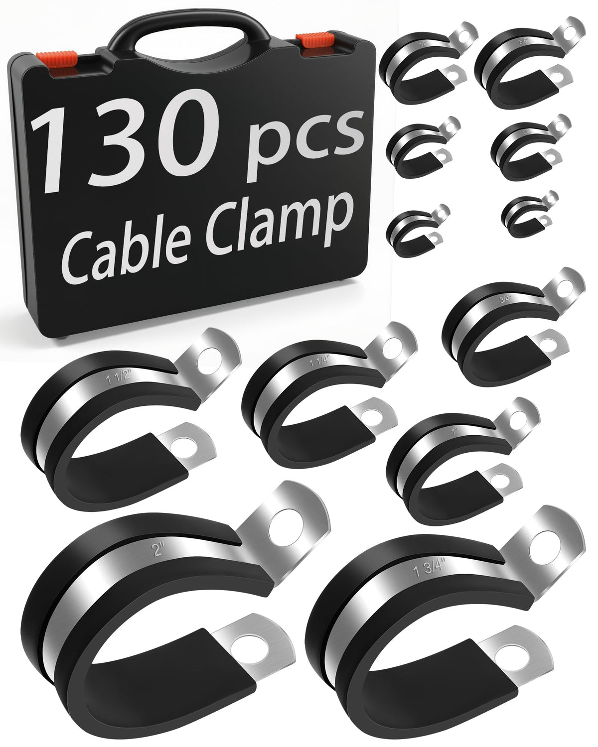 Comfylichi 130Pcs cable clamp kit box shows diverse sizes for versatile wiring projects.