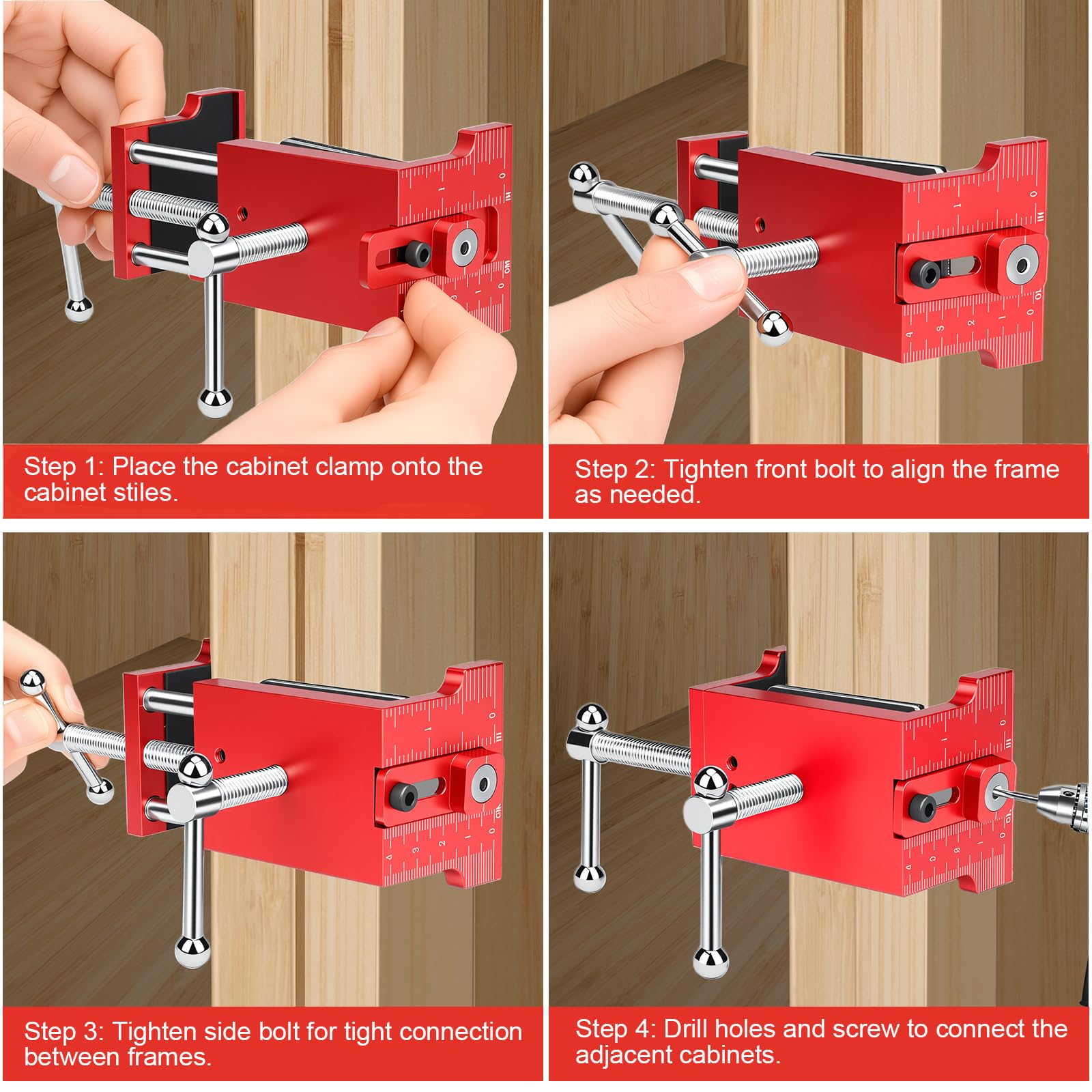 Comfylichi face-frame clamps ensure precise alignment during cabinet assembly.