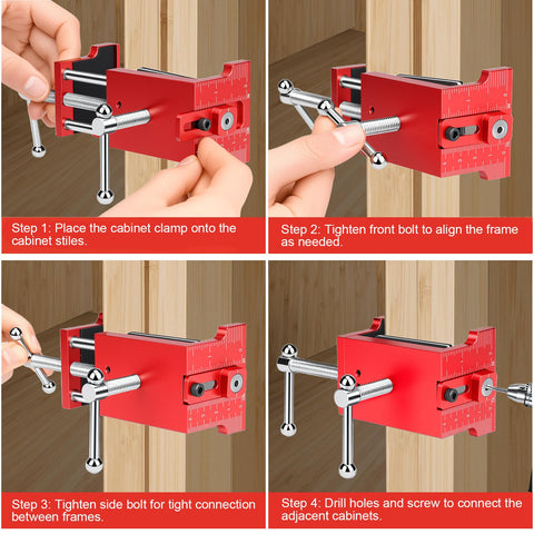 Comfylichi face-frame clamps ensure precise alignment during cabinet assembly.