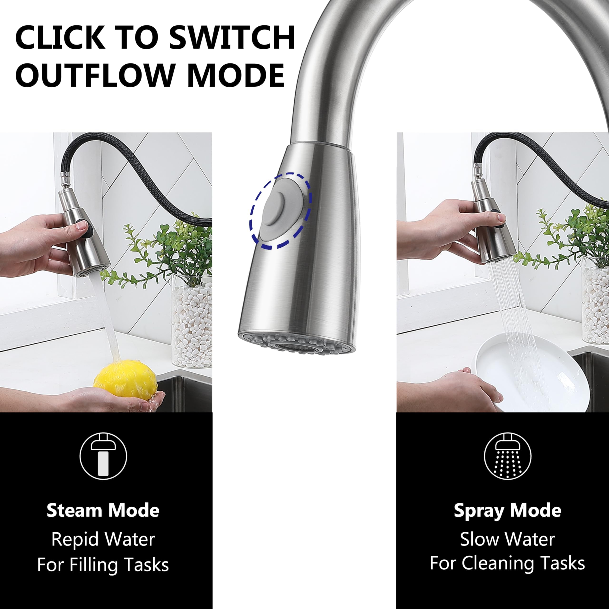 Comllen high-arc spout with 360-degree swivel for full sink reach.