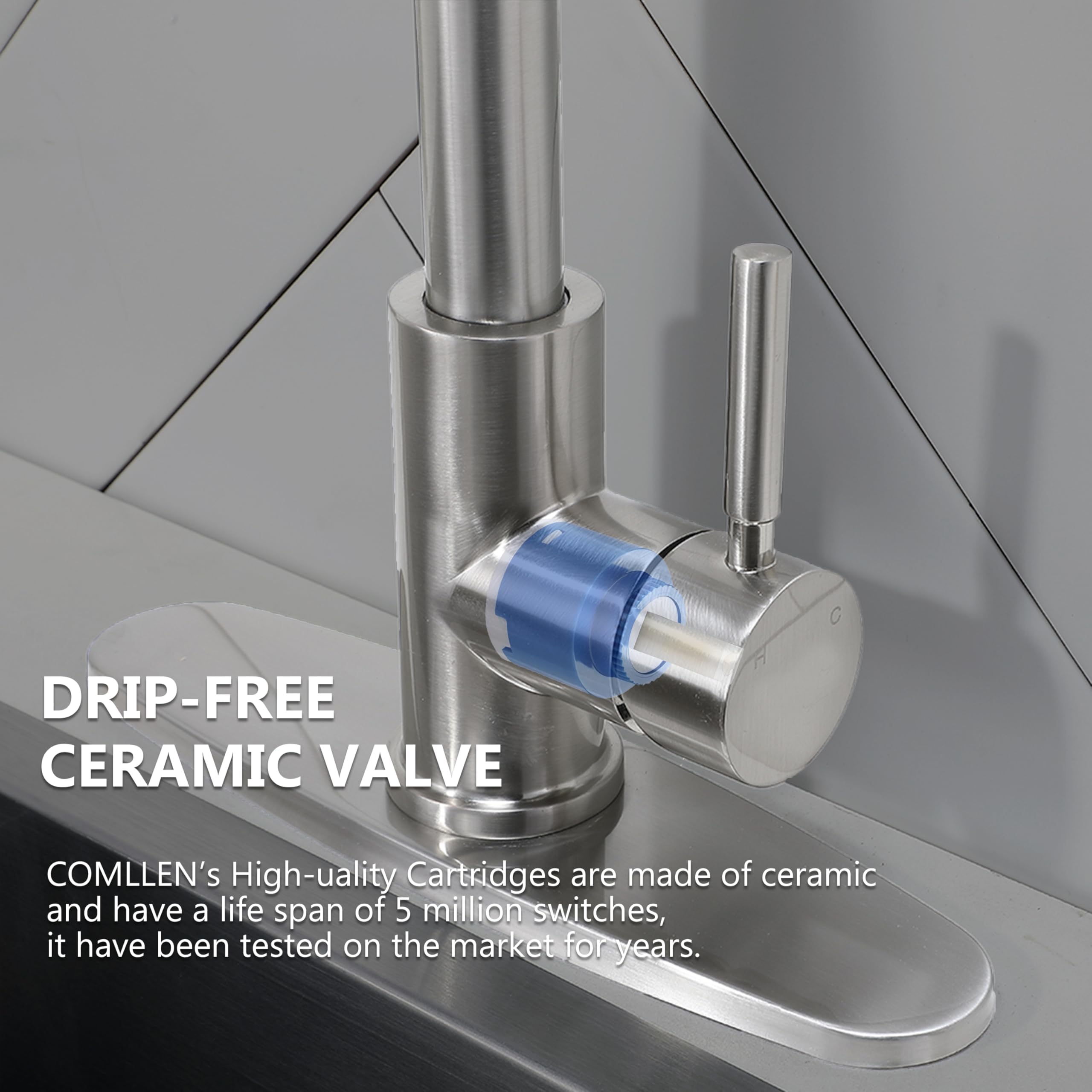 Comllen faucet features a 20-inch pull-out hose for flexible cleaning.