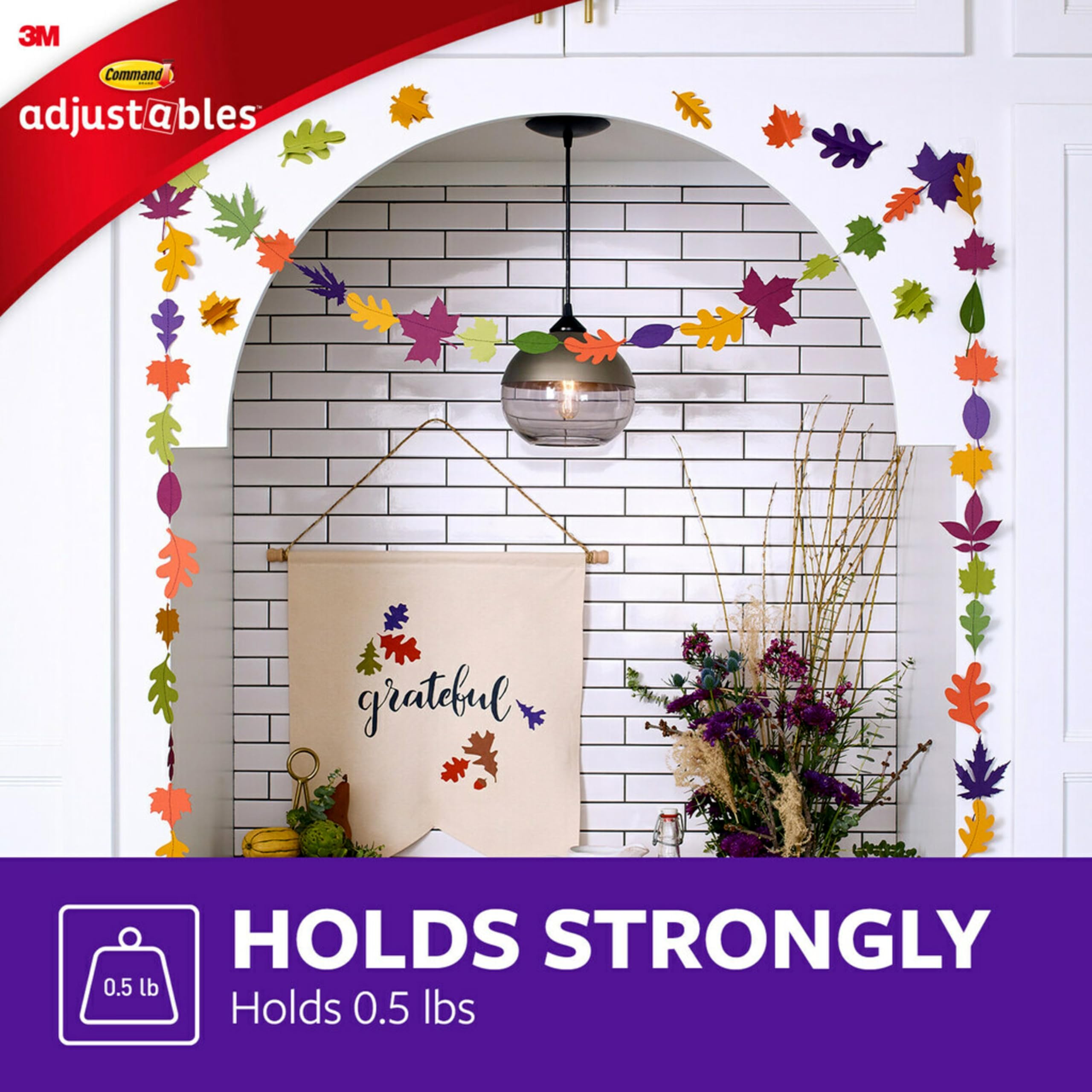 Command Adjustables kit includes 16 hooks and 36 strips for flexible mounting.