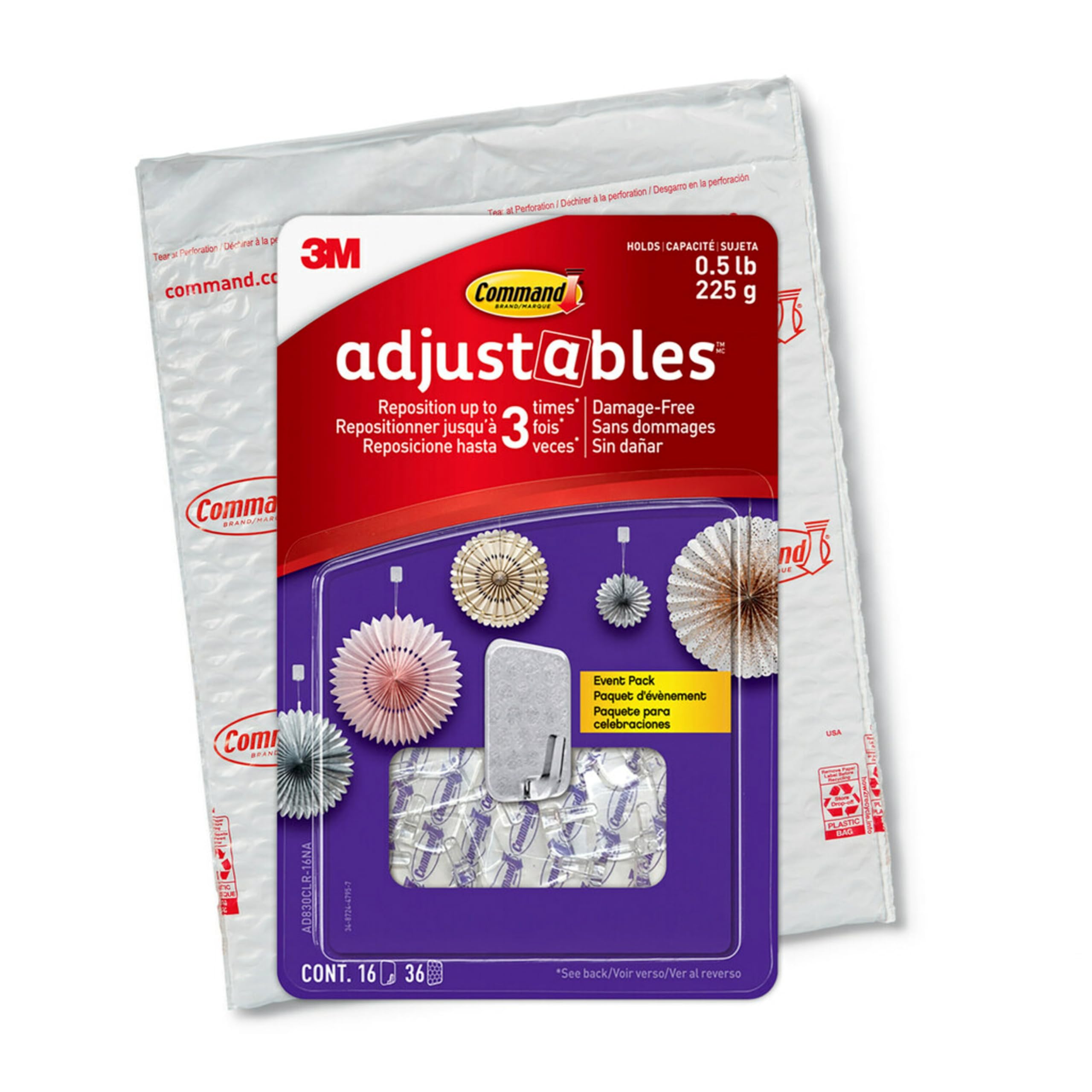 Command Adjustables clear hooks hold up to 0.5 lb on painted walls.