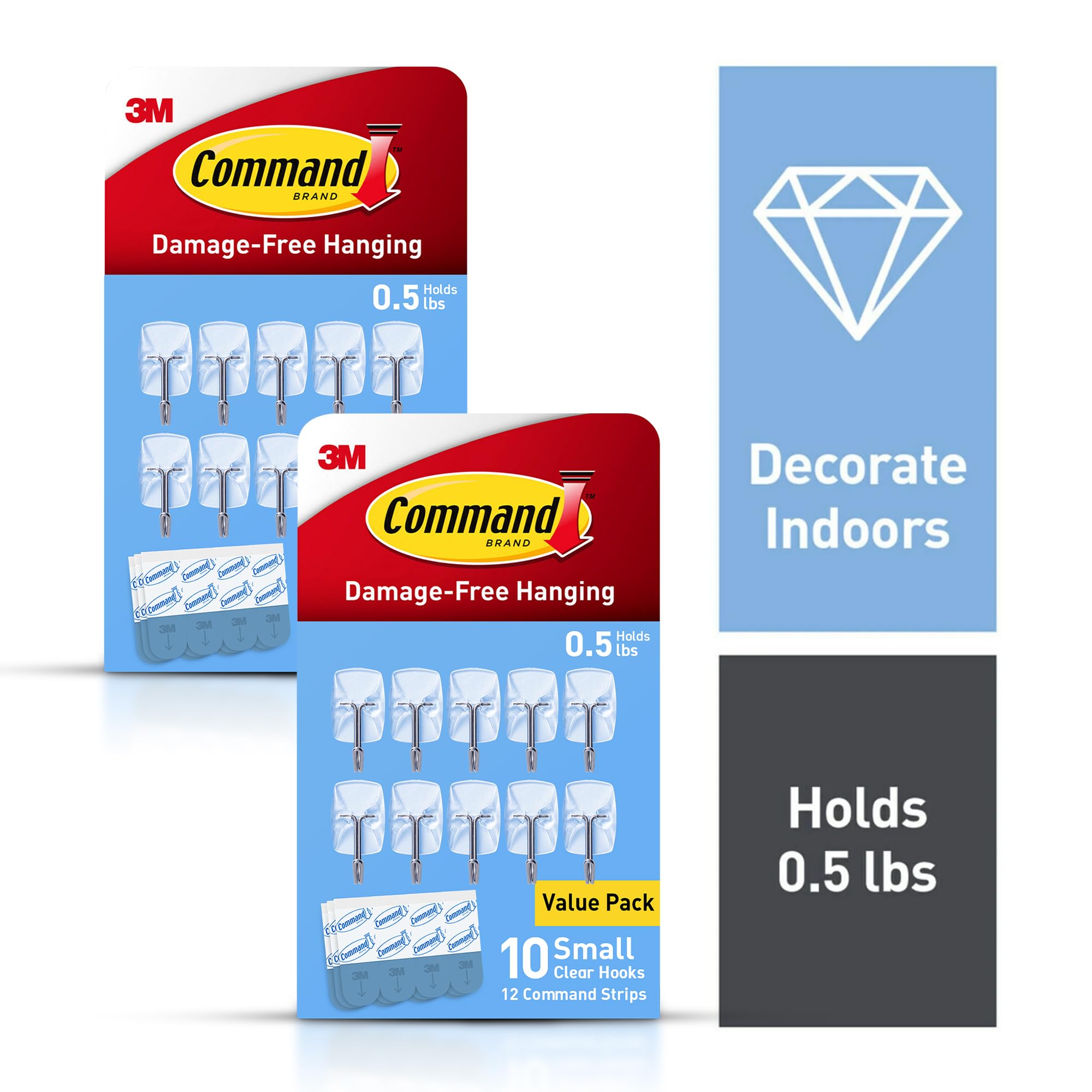 Command small clear wire hook holding up to 0.5 lb on walls without damage.