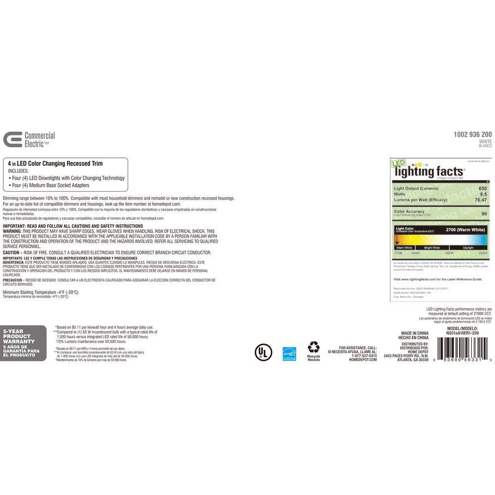 Commercial Electric 4in downlight with a 50,000-hour lifespan for long-lasting lighting.