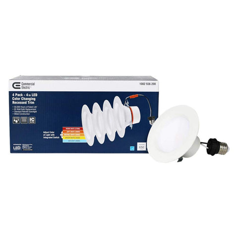 Commercial Electric 4in downlight front view; adjustable color temperature for flexible ambiance.