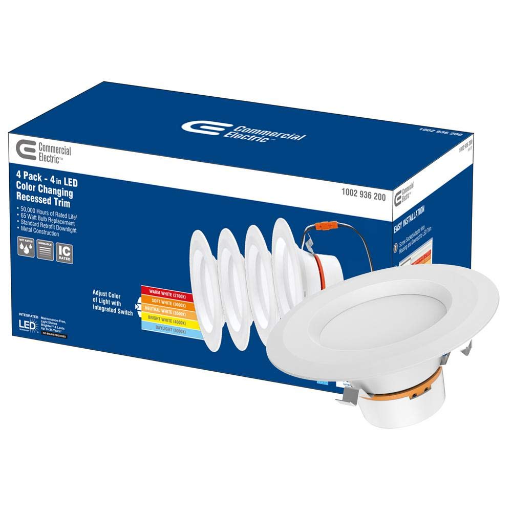 Commercial Electric 4in downlight rated for wet locations like bathrooms.