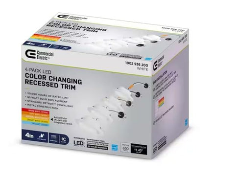 Commercial Electric 4-inch matte white integrated LED downlight with adjustable color temperature for versatile rooms.