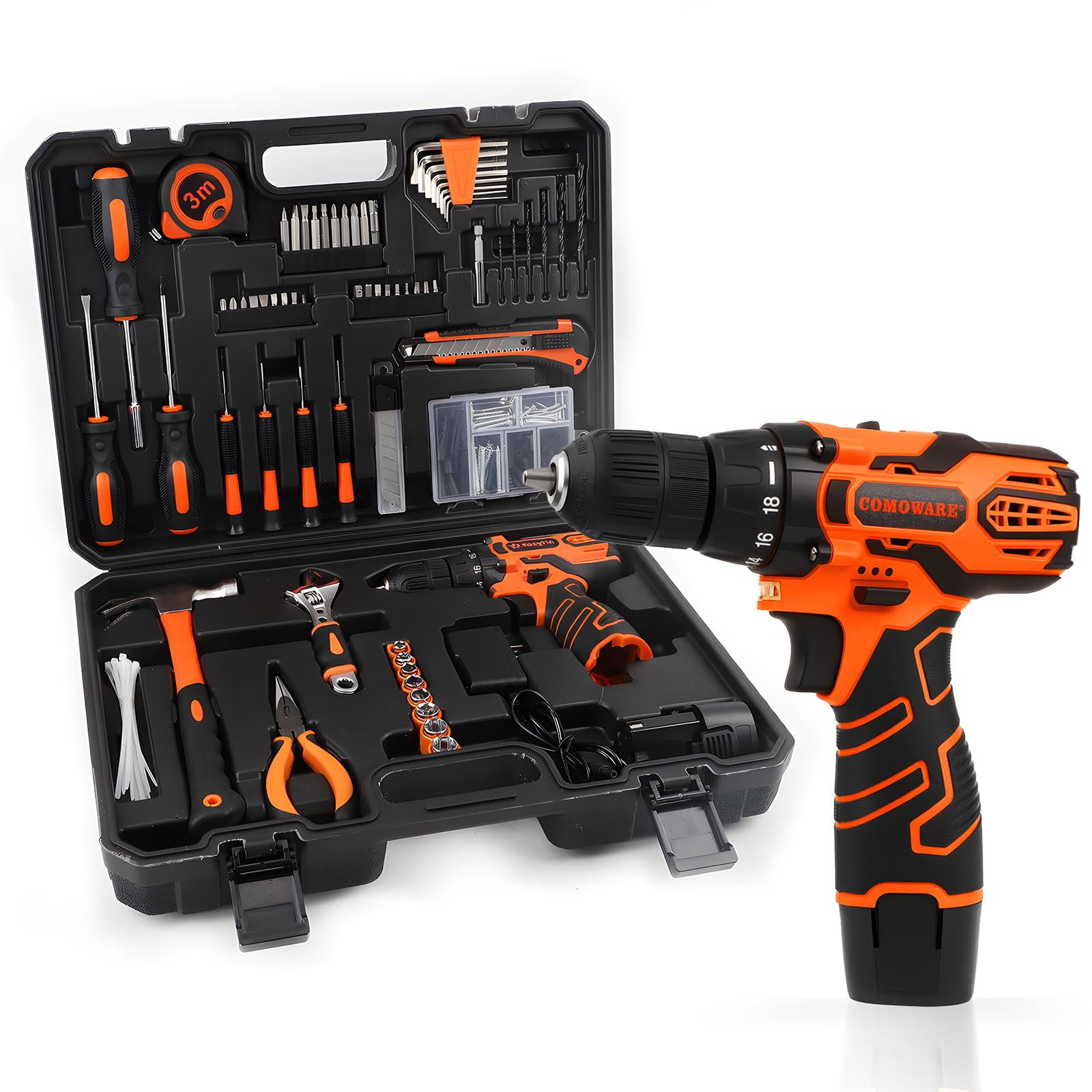 COMOWARE 12V cordless drill driver in action for precise home drilling.
