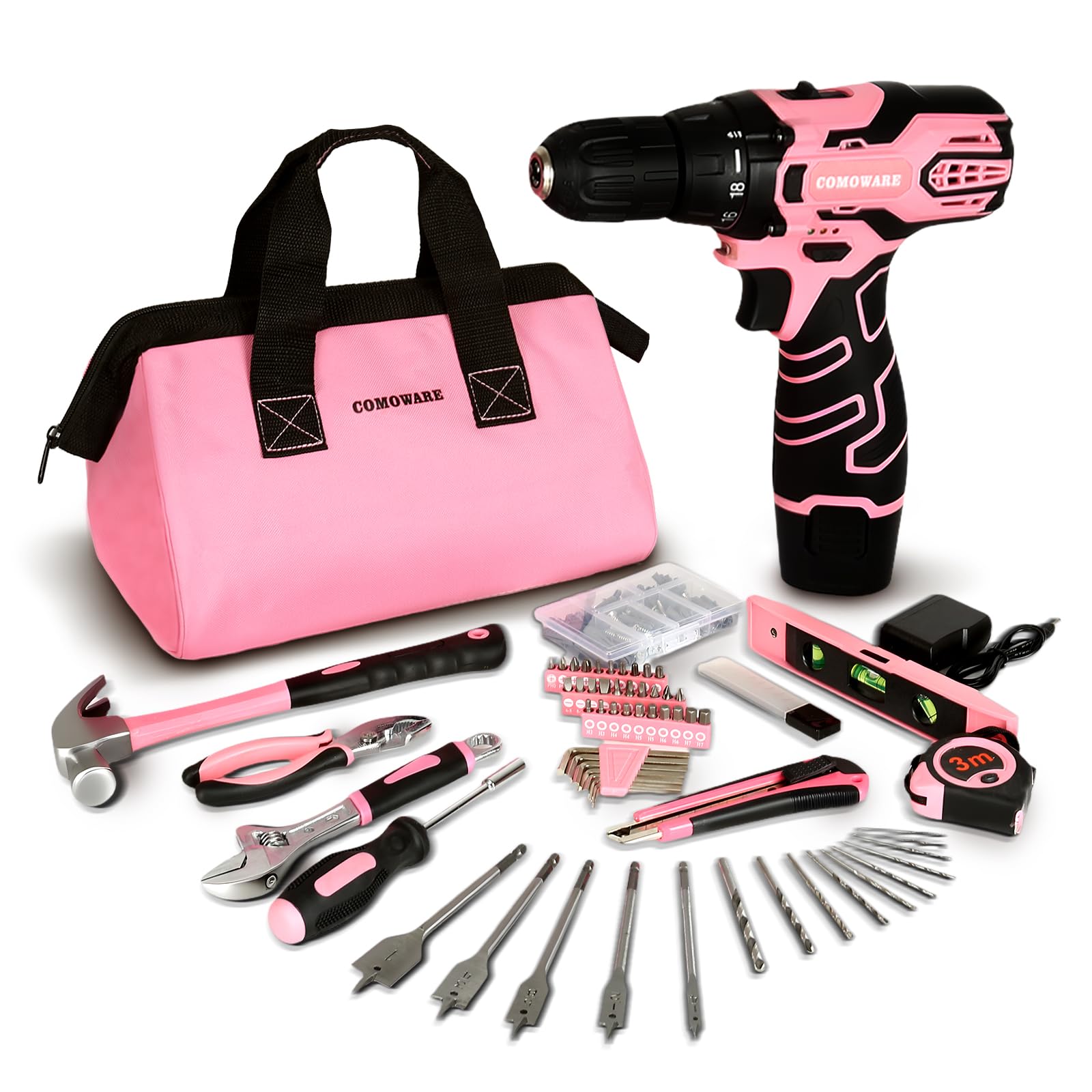 COMOWARE 12V cordless drill in pink, ideal for quick home repairs.