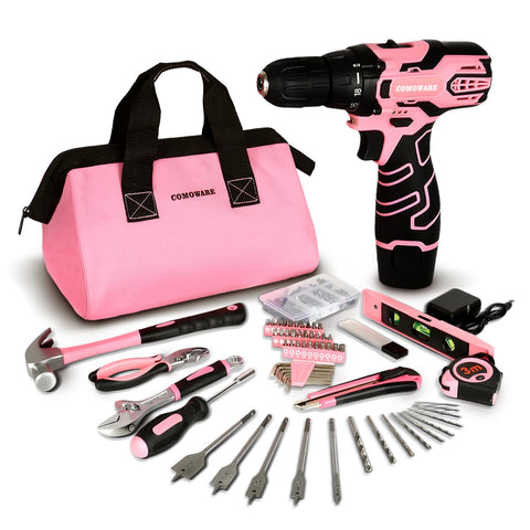 COMOWARE 12V cordless drill in pink, ideal for quick home repairs.