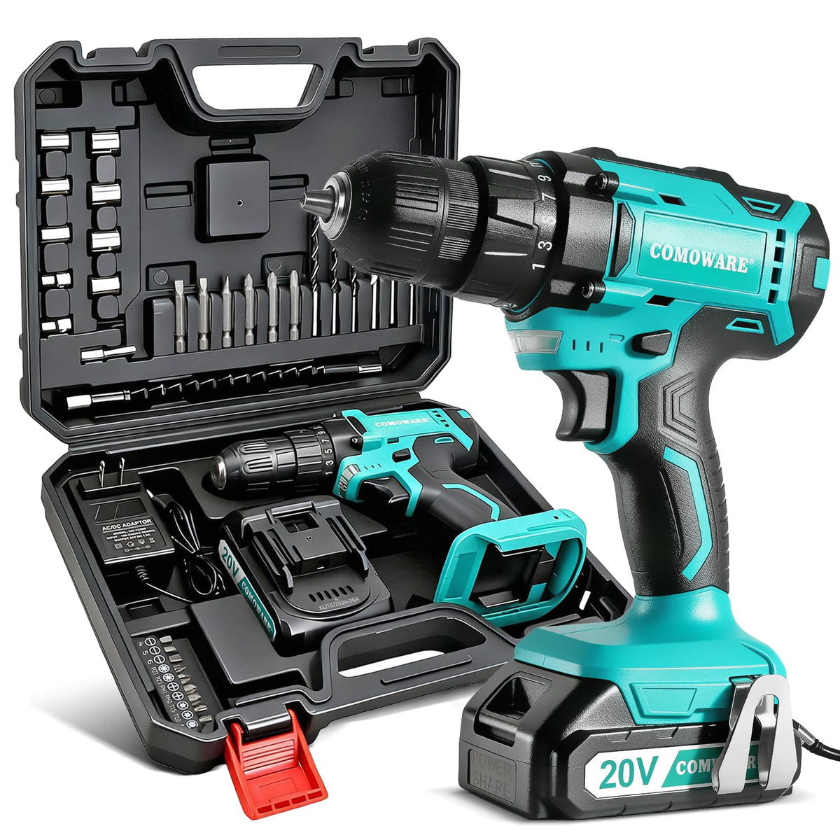 COMOWARE 20V cordless drill with battery and charger for ready-to-use projects.