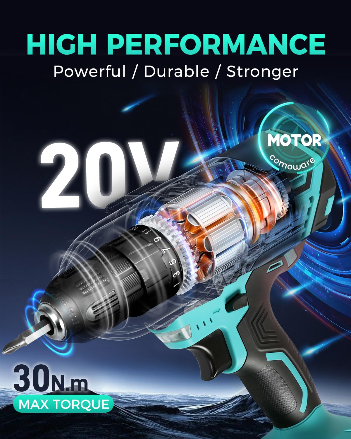 COMOWARE 3/8-inch keyless chuck enables quick bit changes on the go.