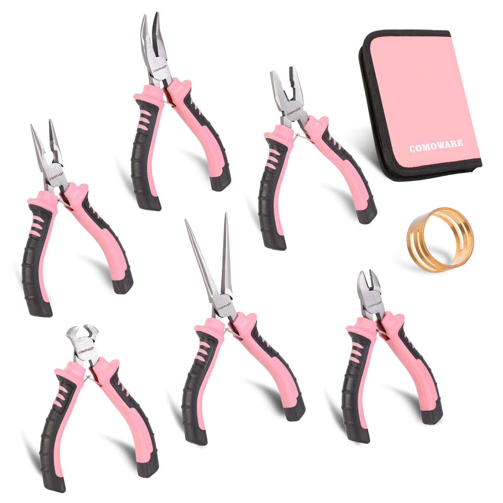 COMOWARE 6-piece mini pliers set with pink pouch for precise electronics and crafts projects.