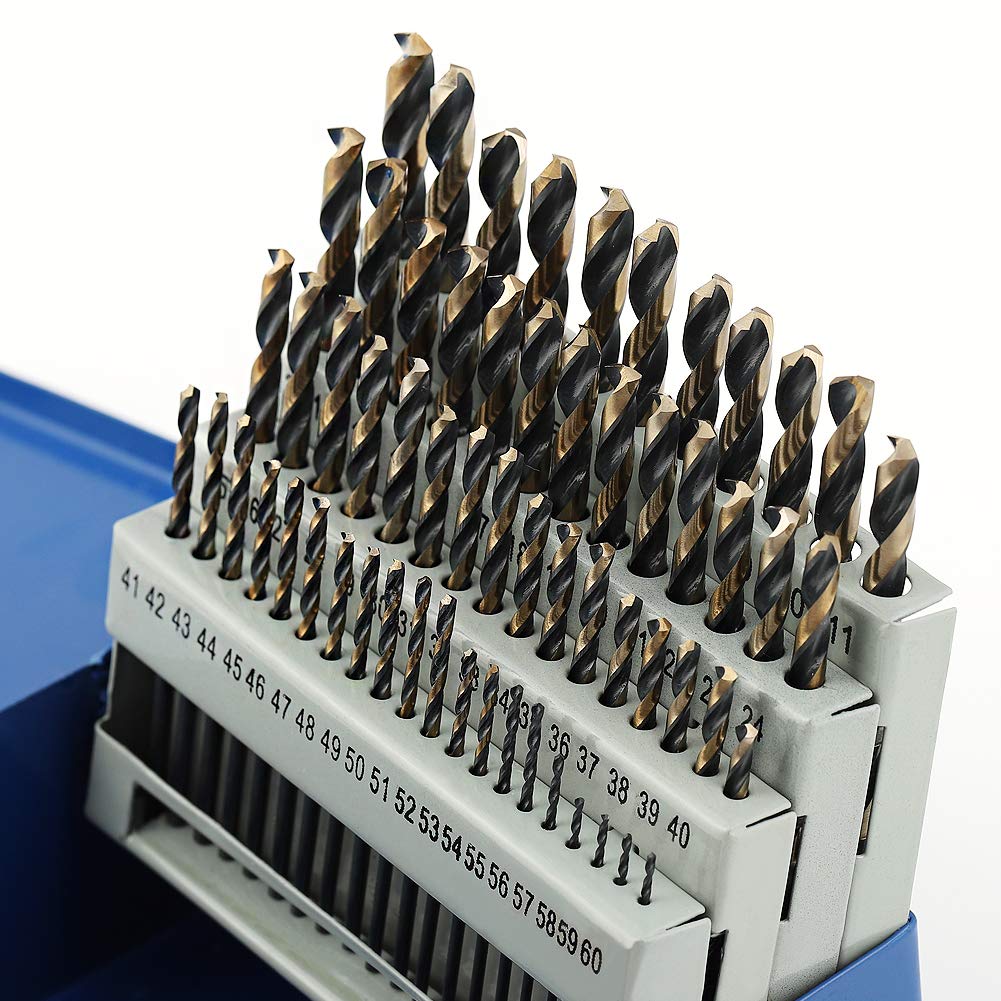 COMOWARE 60-piece drill bit set in index case for quick selection.