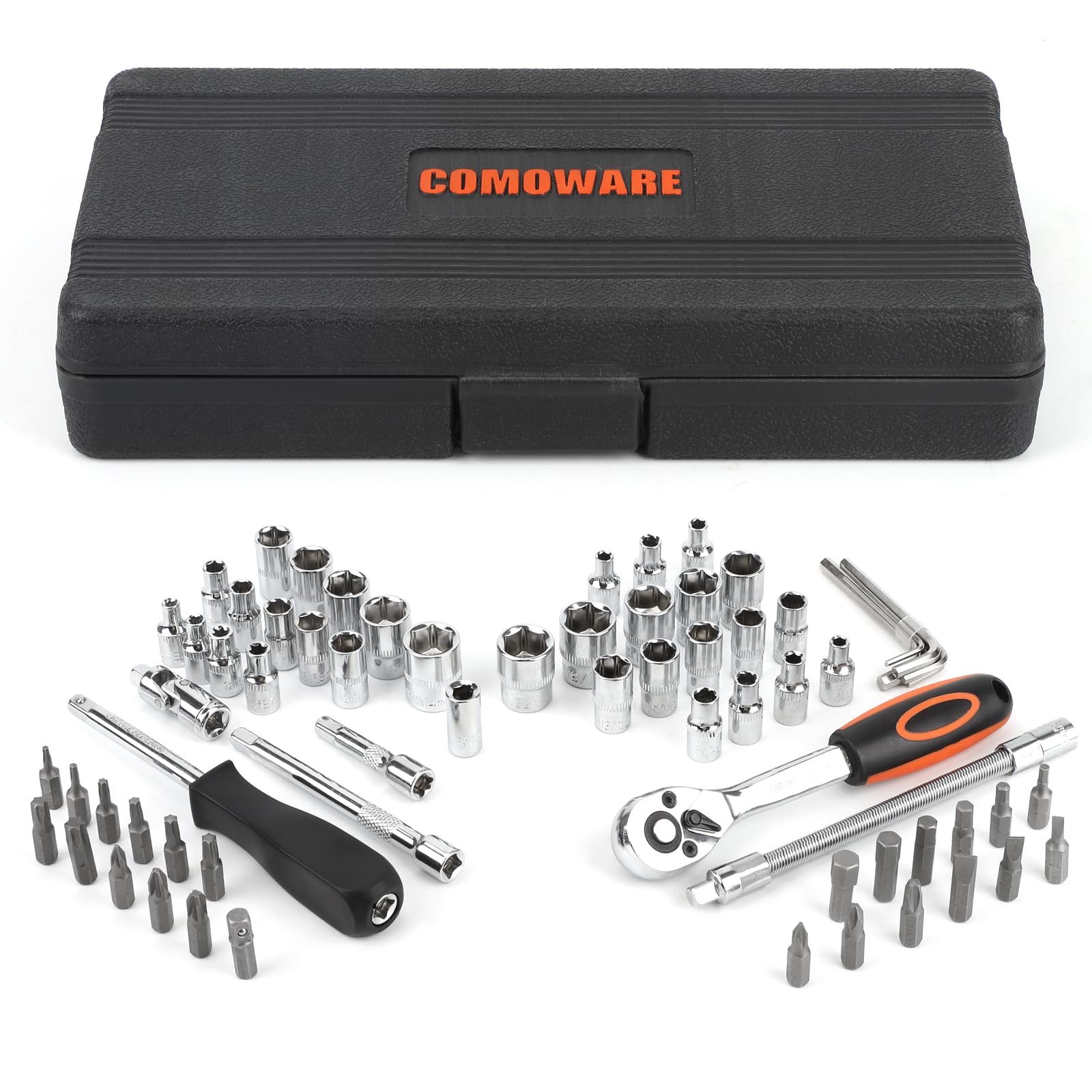 COMOWARE 69pcs small socket set with quick-release ratchet ideal for tight spaces