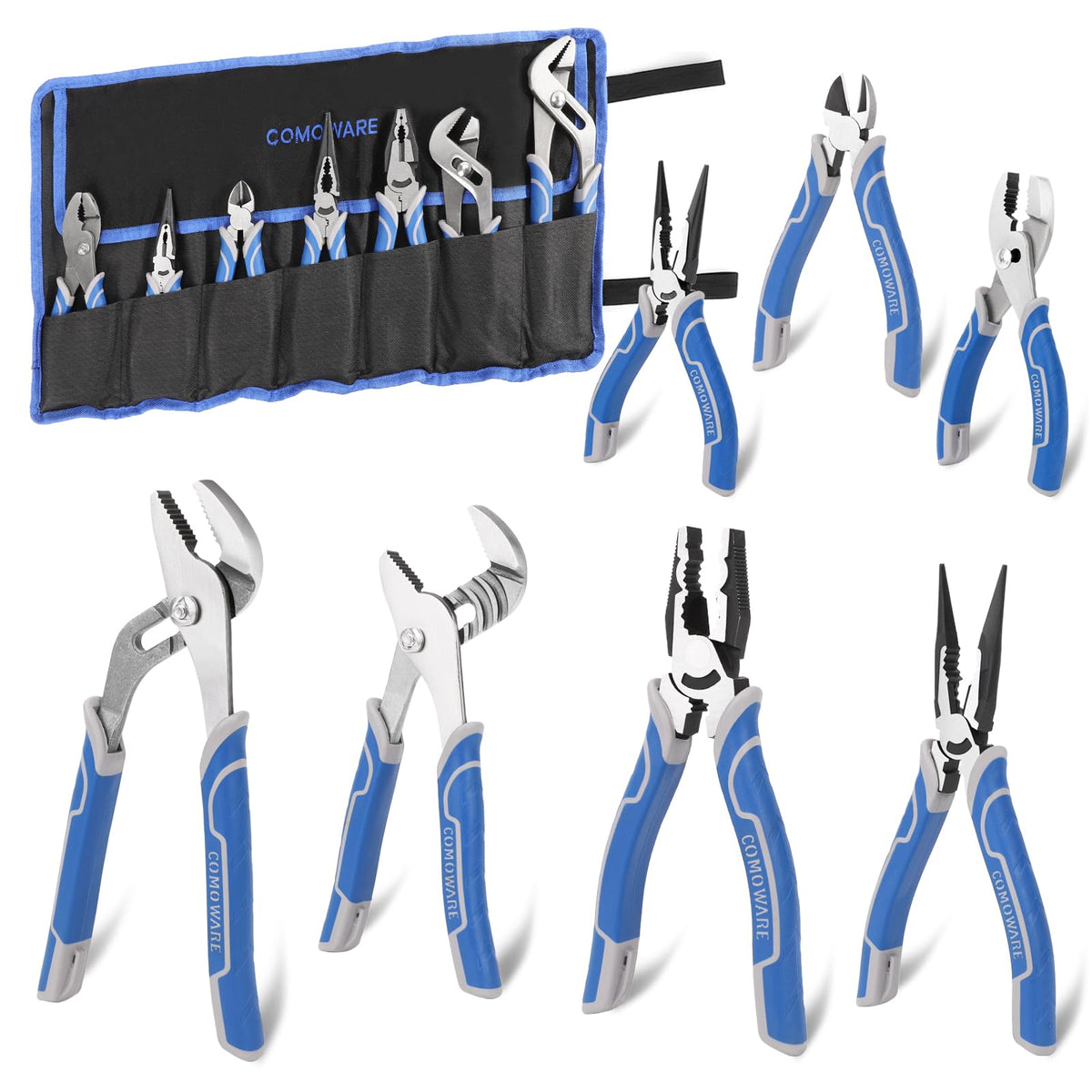 COMOWARE 7Pcs pliers set with roll-up pouch for organized toolkit.