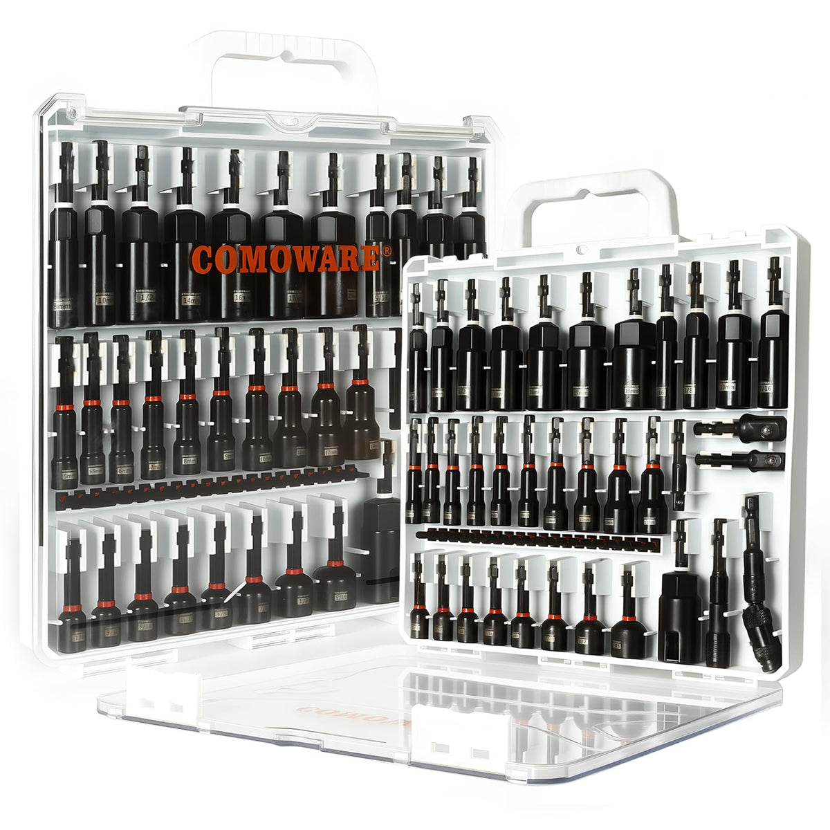 COMOWARE deep sockets set for motorcycle and automotive maintenance.