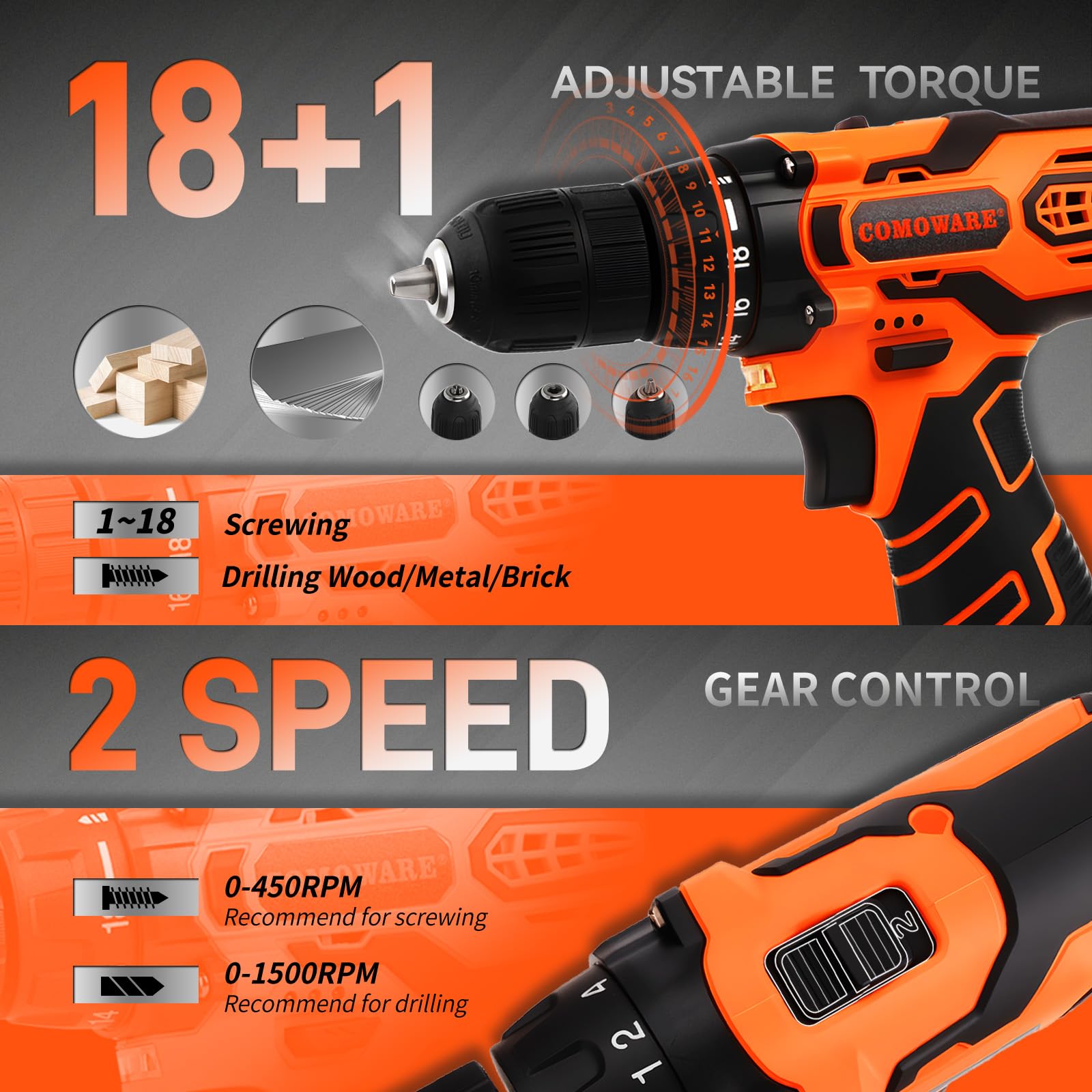 COMOWARE drill bits and attachments for versatile projects.