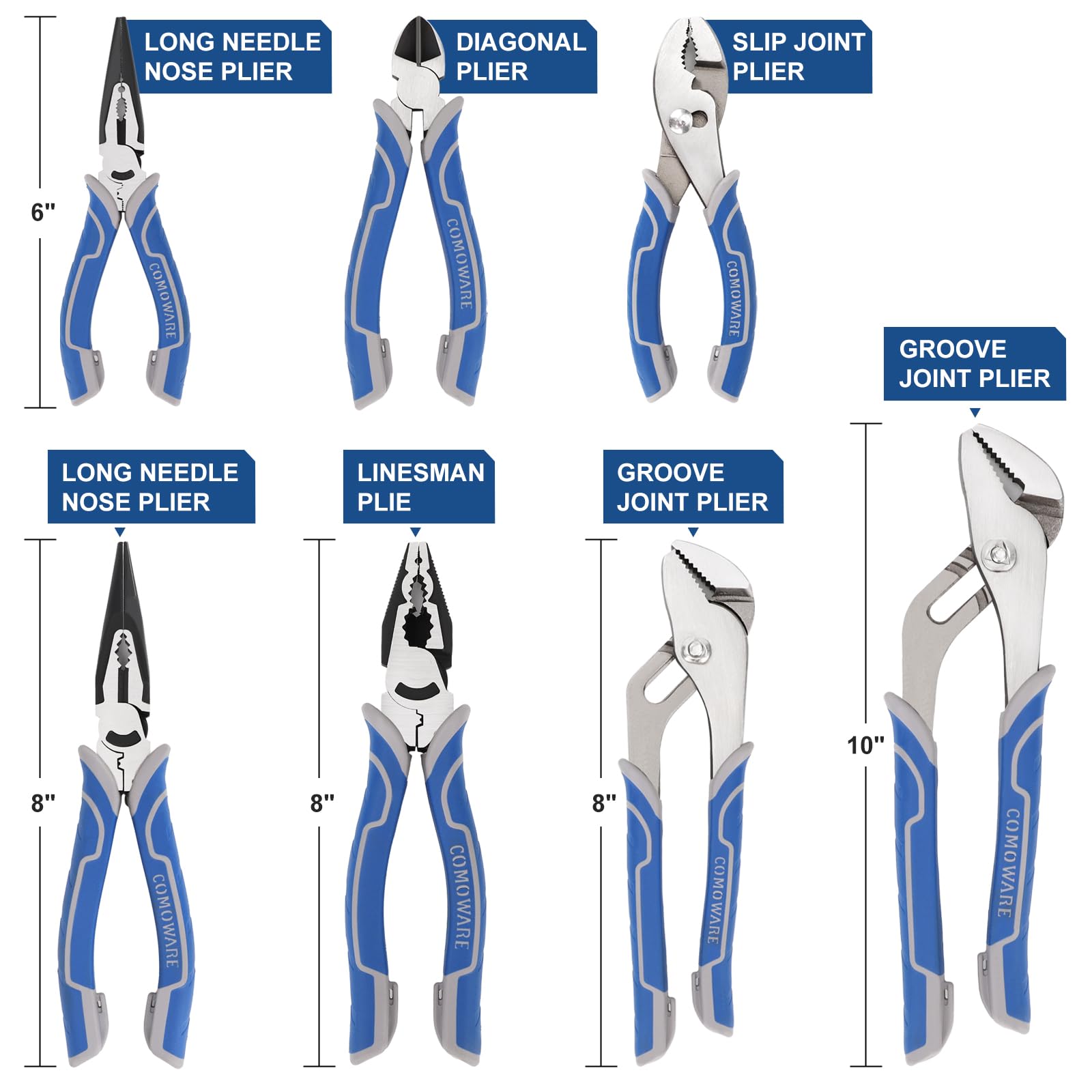 COMOWARE 12-inch groove-joint pliers offer wide jaw range for heavy tasks.