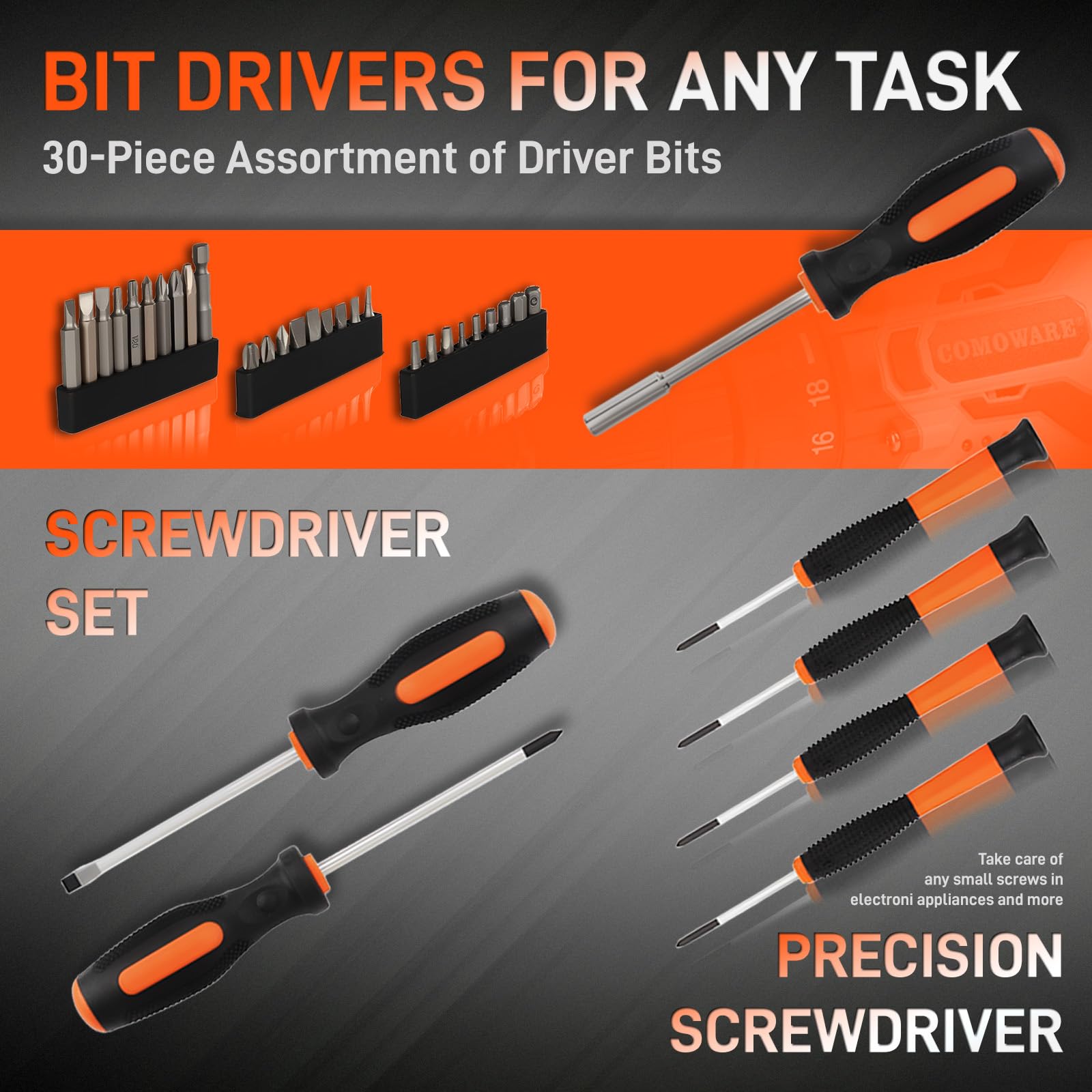 COMOWARE hammer and screwdrivers set for quick household fixes.