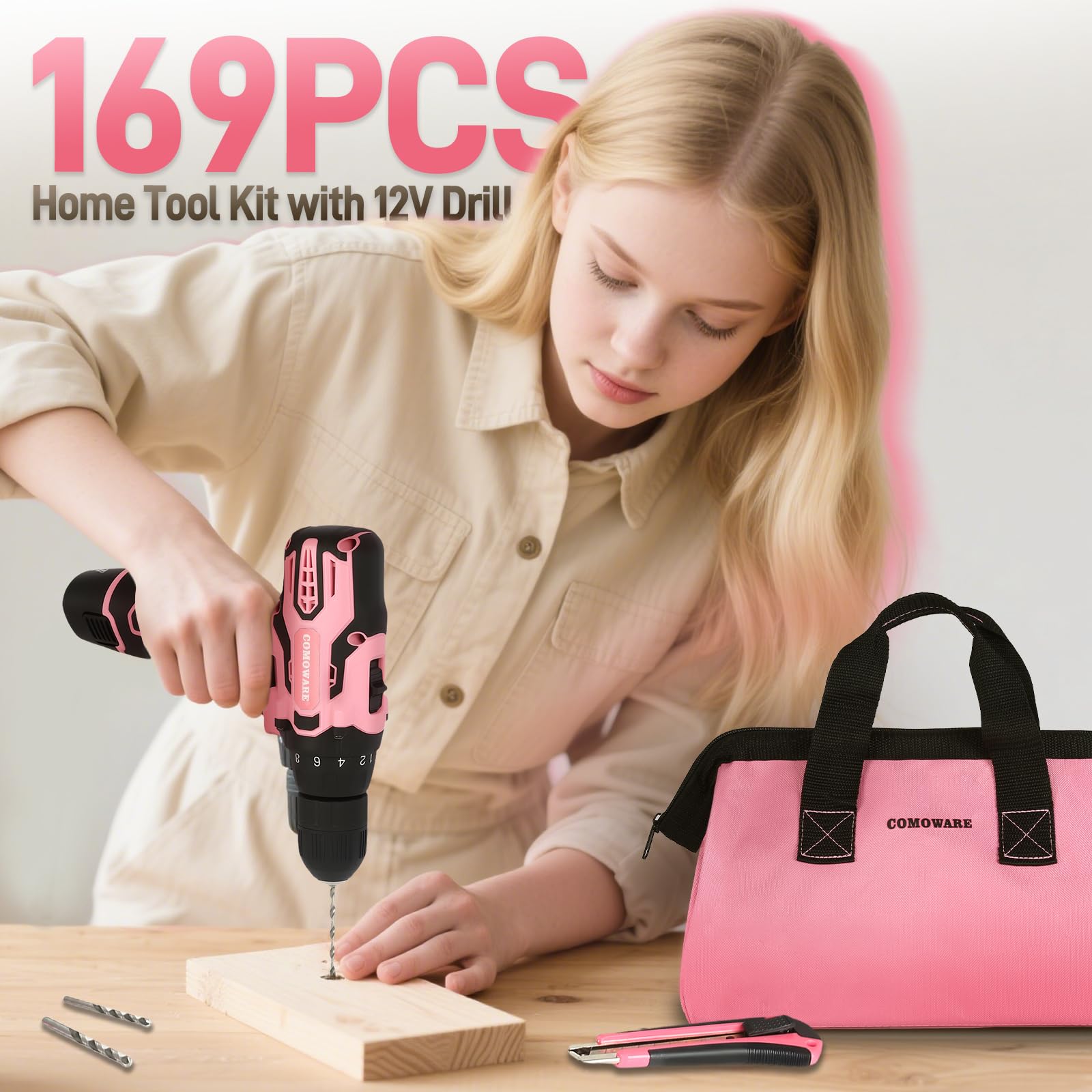 COMOWARE compact pink kit suitable for dorm, office, or apartment workshops.