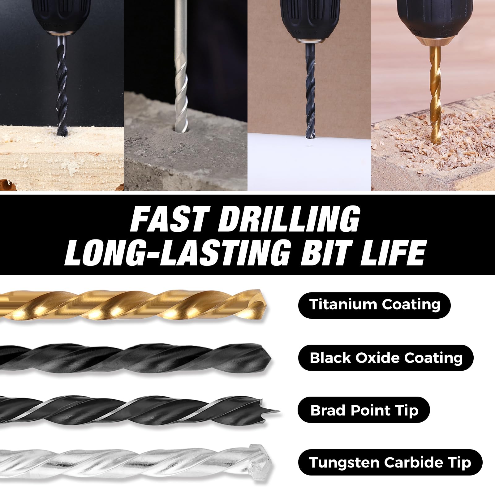 COMOWARE black oxide HSS bits offering smooth drilling and long life.