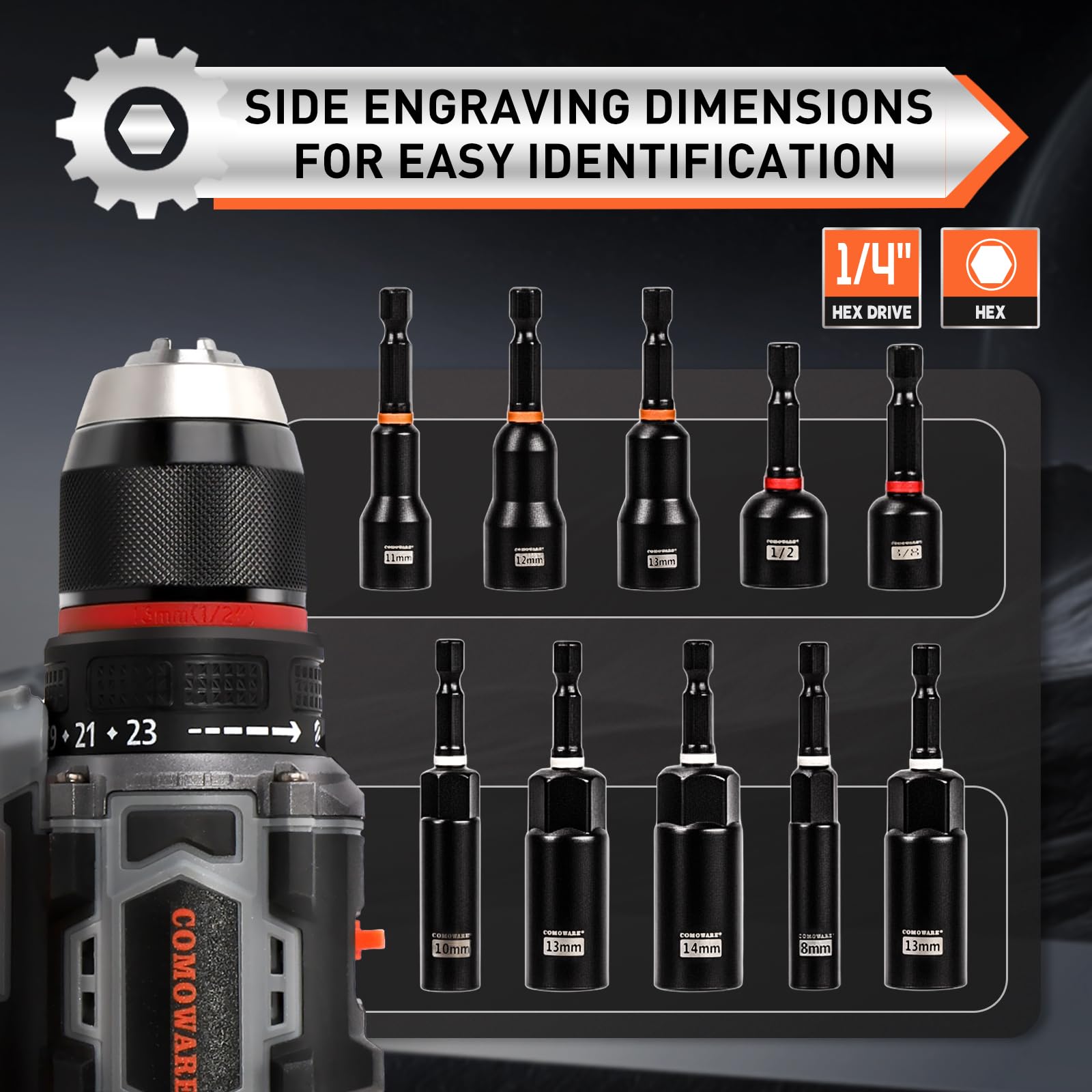 COMOWARE impact bits collection for professional tool use.