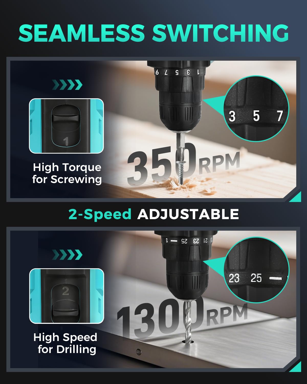 COMOWARE LED work light brightens workspace for accurate drilling.