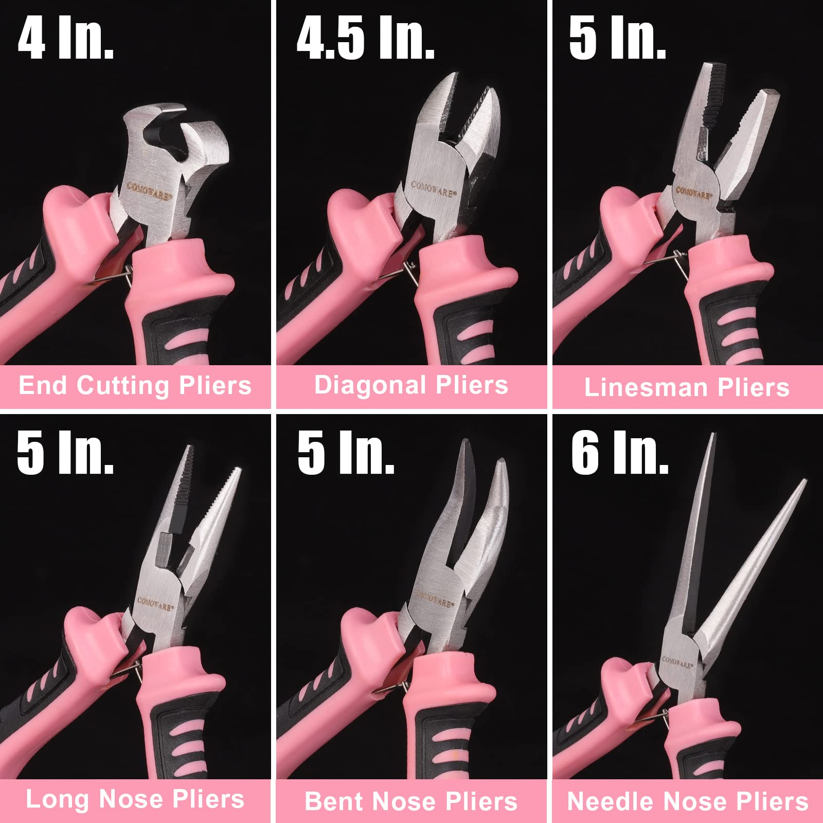 COMOWARE needle nose pliers with slim tips for delicate components.