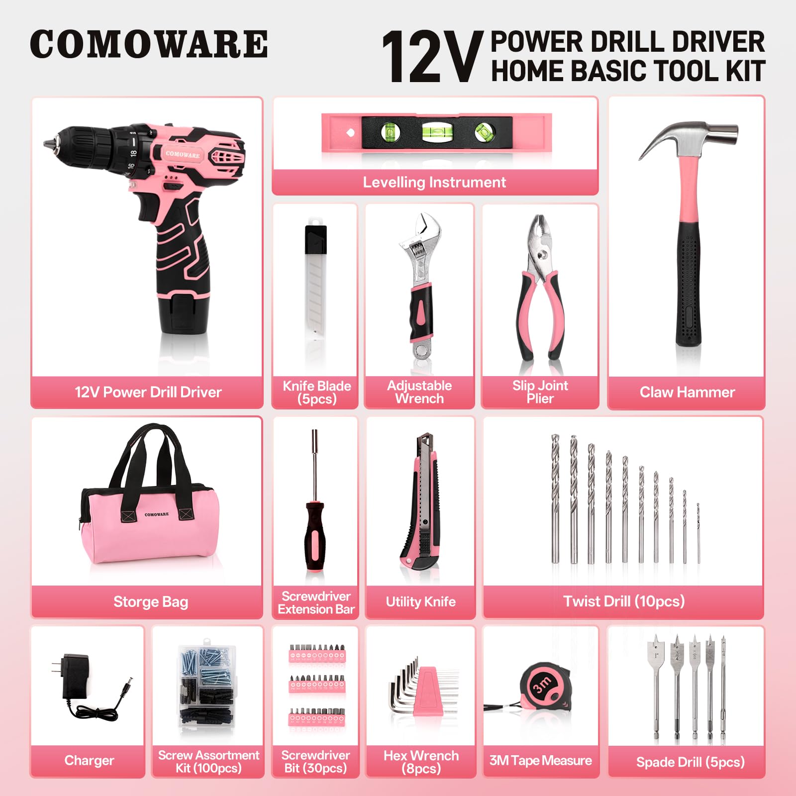 COMOWARE pink tool set laid out, complete for DIY tasks.