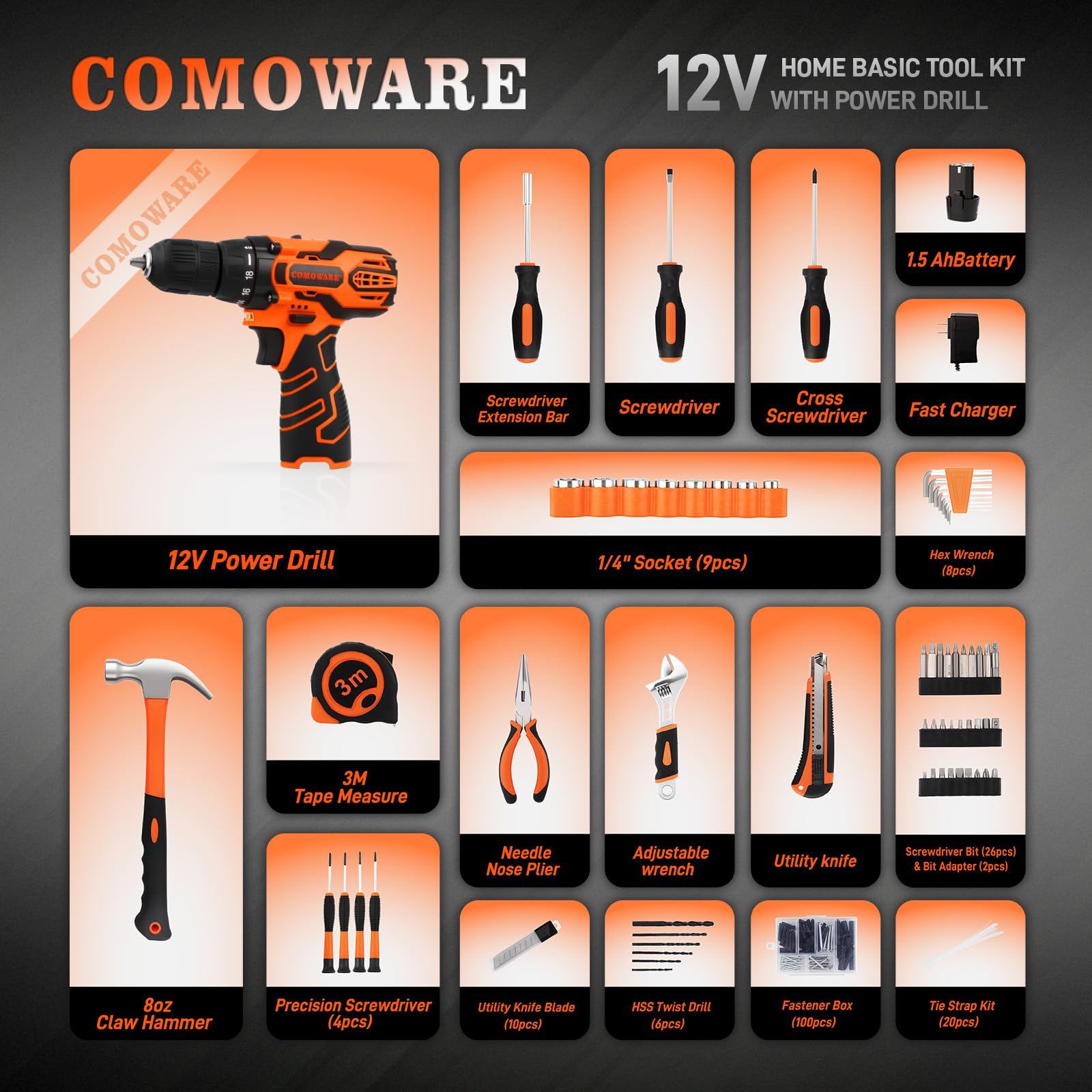 COMOWARE plastic toolbox with tools keeps supplies organized.