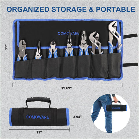 COMOWARE roll-up pouch close-up showing organized tool storage.
