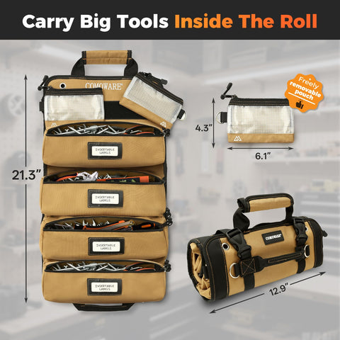 COMOWARE Roll Up Tool Bag exterior wrench pockets keep tools handy.