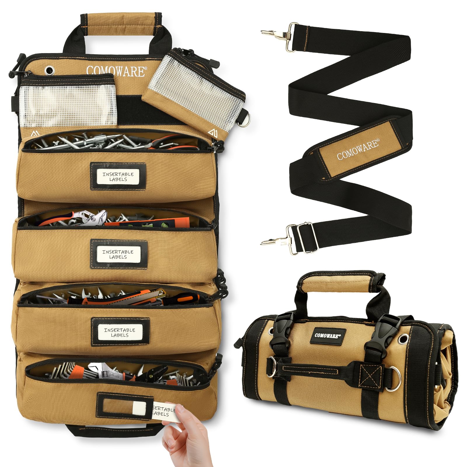 COMOWARE Roll Up Tool Bag front view showing rugged durability for daily use.