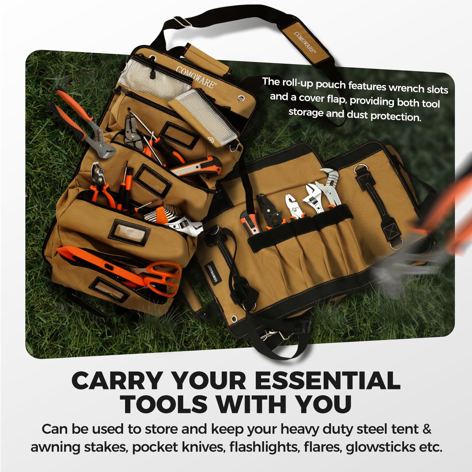 COMOWARE Roll Up Tool Bag interior pockets organize sockets and screwdrivers efficiently.