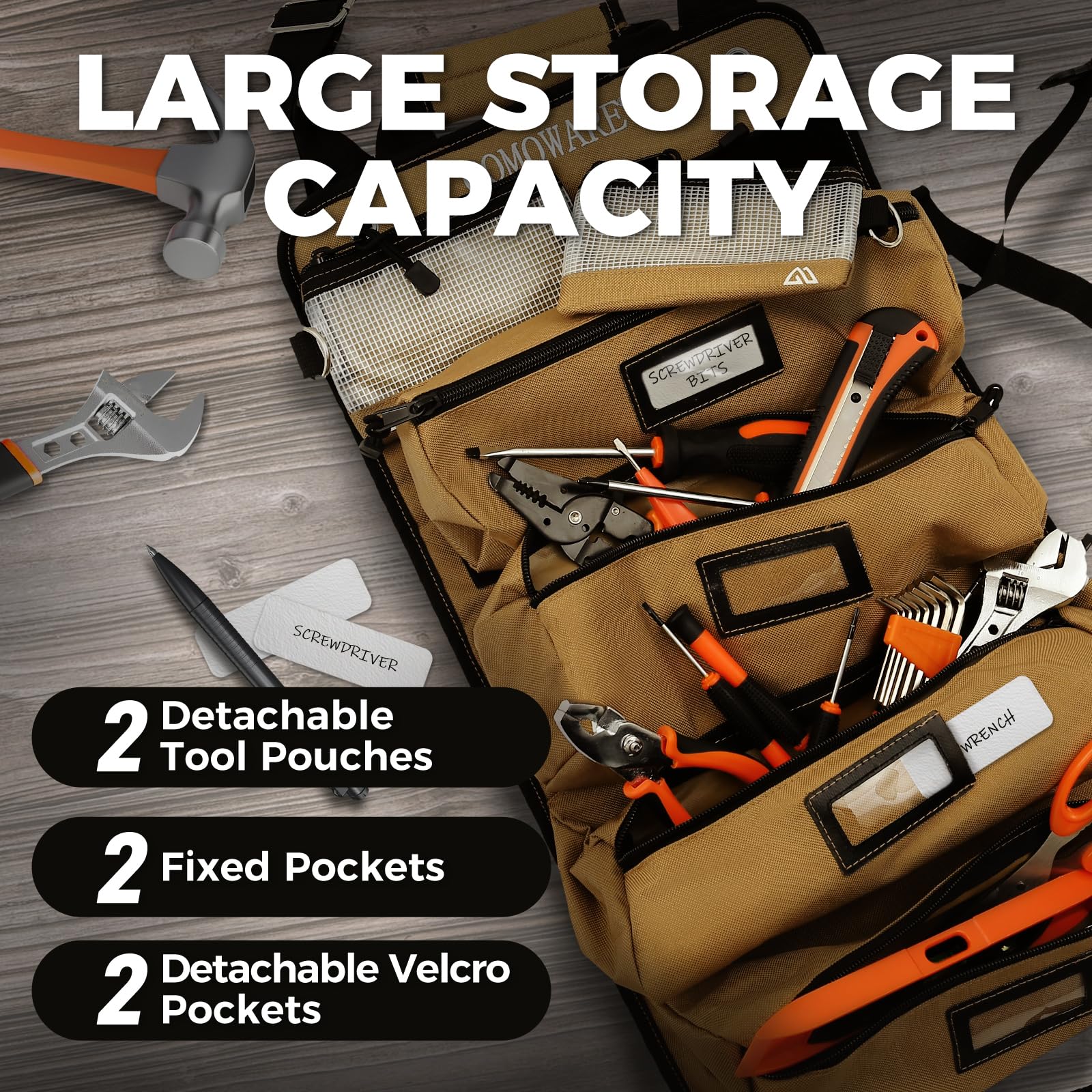 COMOWARE Roll Up Tool Bag open roll section for quick access to tools.