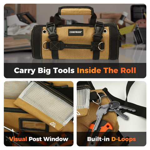 COMOWARE Roll Up Tool Bag adjustable shoulder strap provides long reach and flexibility.