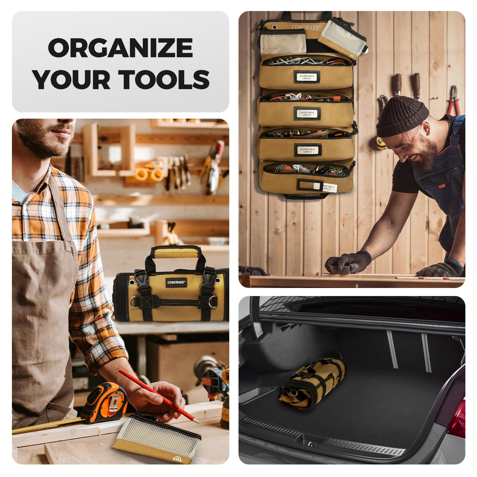 COMOWARE Roll Up Tool Bag wall mount grommet for convenient storage.