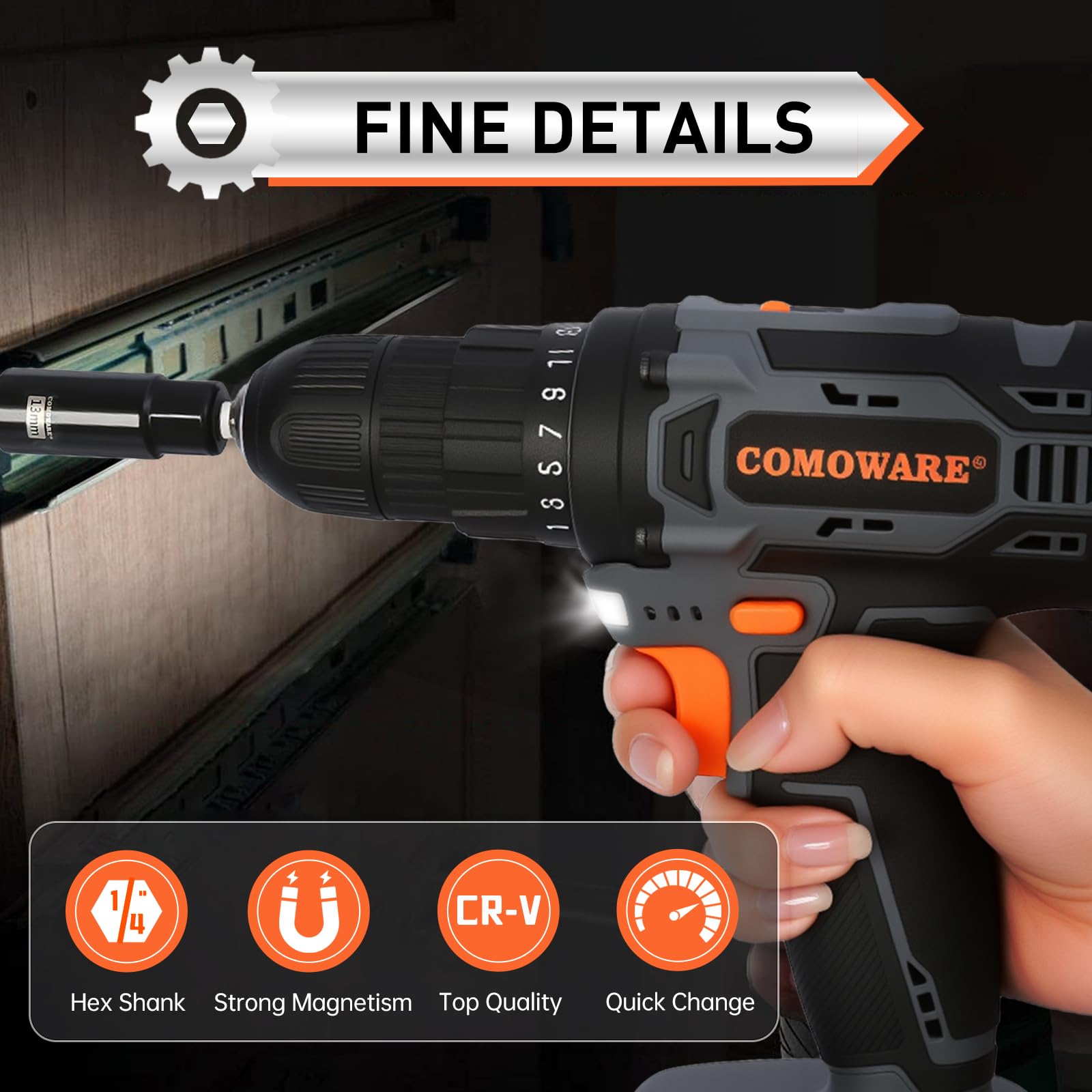 COMOWARE swivel nut driver offers precise control in awkward angles.