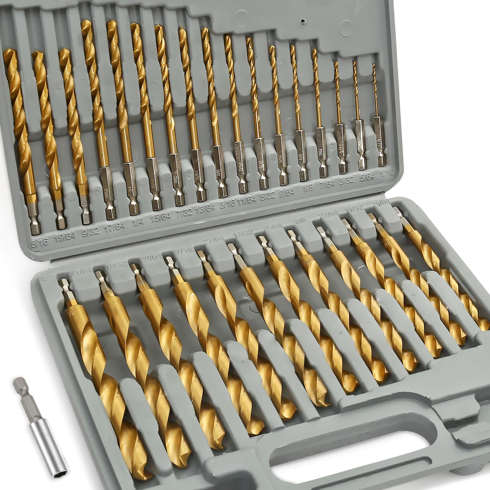 COMOWARE titanium drill bit set in quick-change top view, ideal for metal and wood projects.