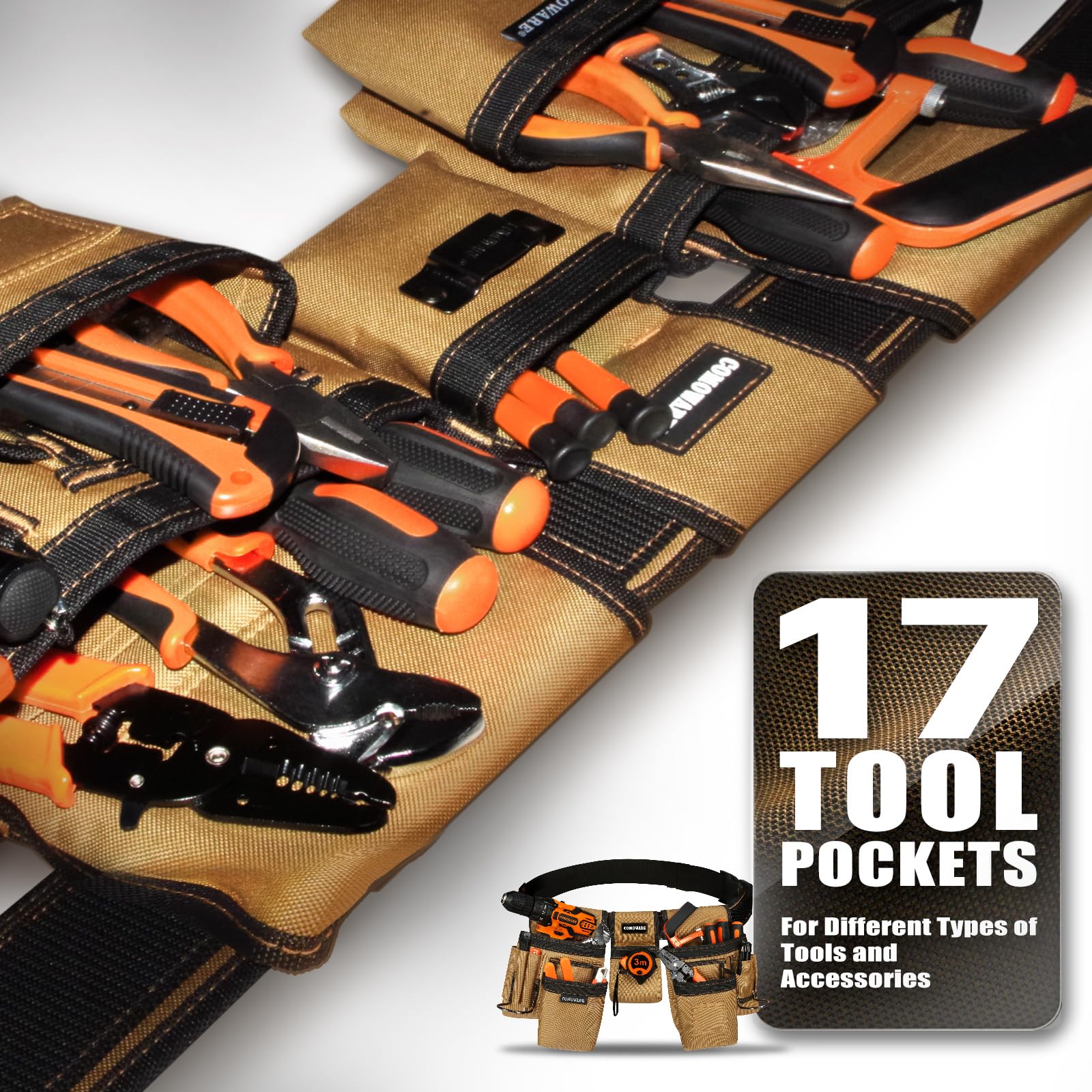 COMOWARE tool belt 600D polyester construction resists wear and dirt.