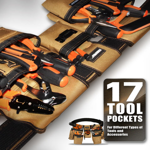 COMOWARE tool belt 600D polyester construction resists wear and dirt.