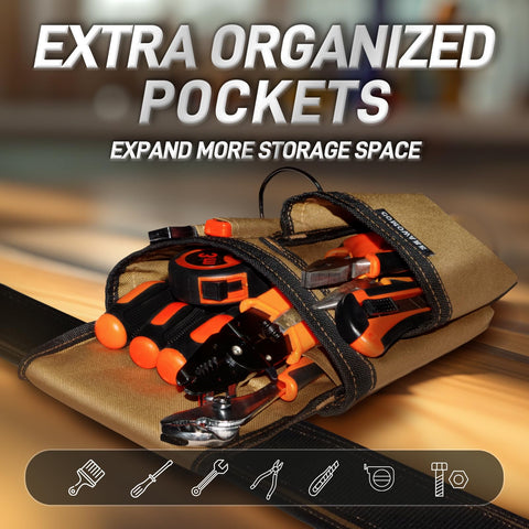 COMOWARE tool belt color-coded compartments speed up tool retrieval.