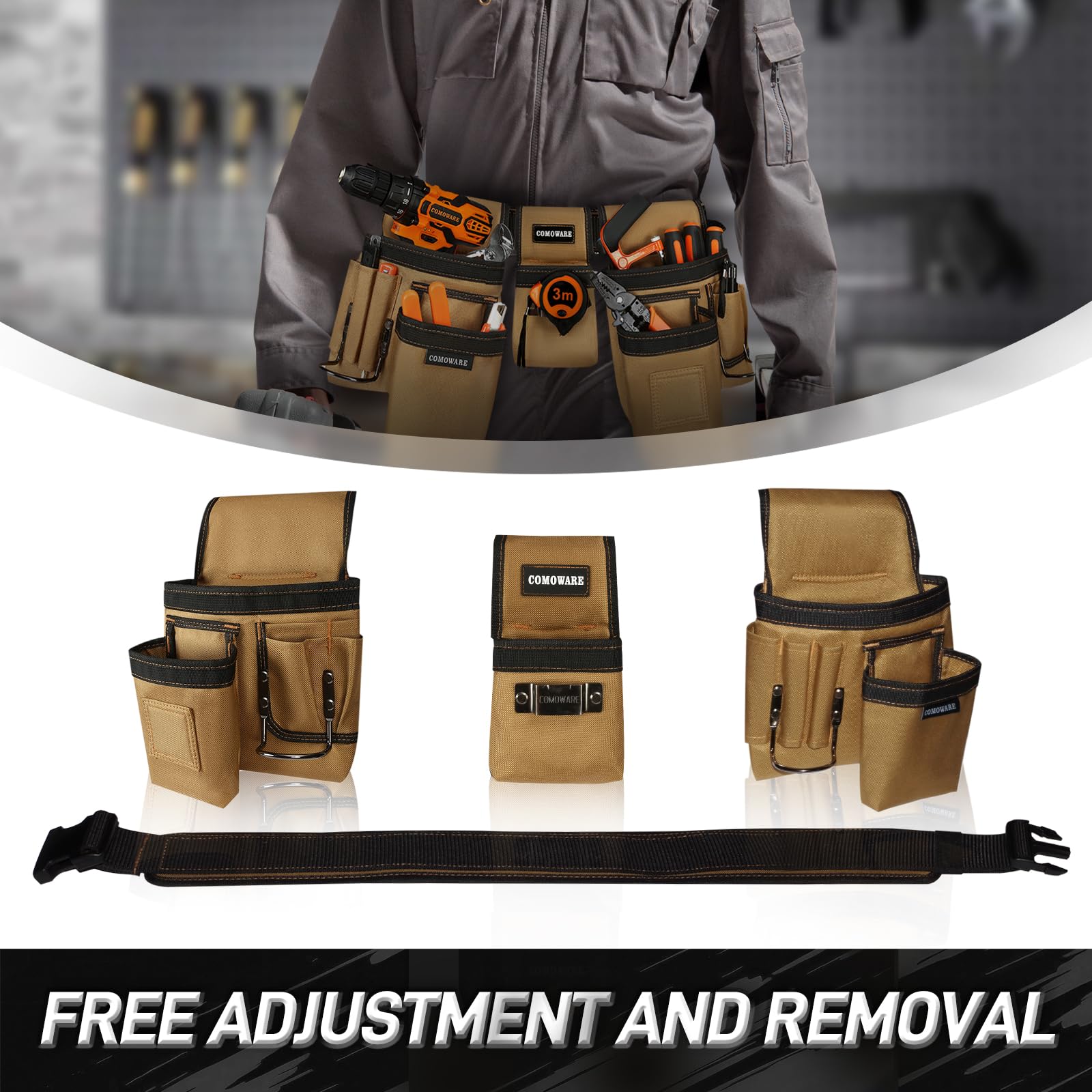 COMOWARE tool belt 17-pocket detachable pouches organize gear for any project.