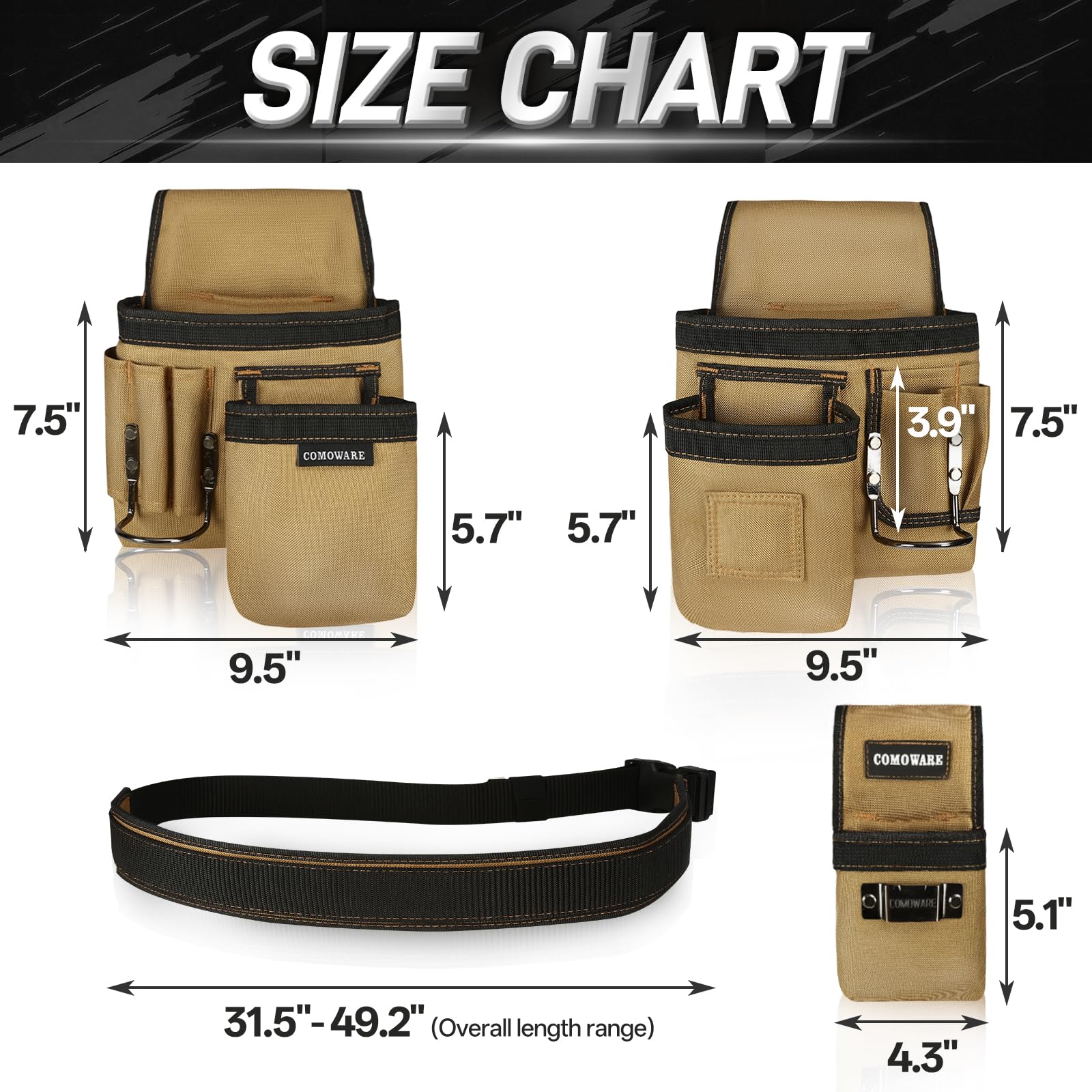 COMOWARE tool belt magnetic zone keeps nails and screws within easy reach.